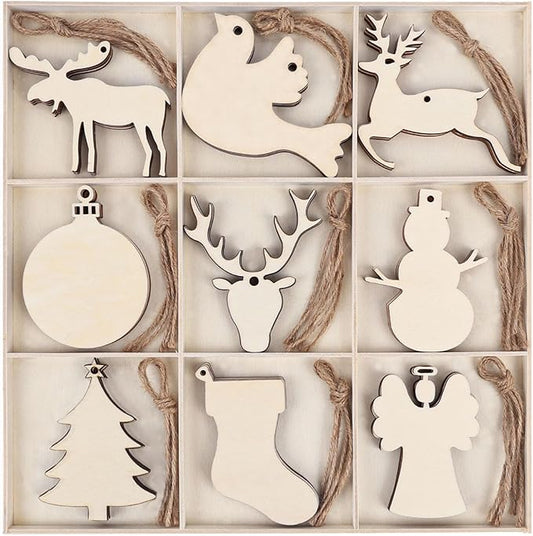 MACTING 45PCS Wooden Christmas Ornaments Unfinished Predrilled Natural Wood Slices DIY Blank Hanging Ornaments Kit for Crafts Centerpieces Christmas Tree Decorations, 9 Styles