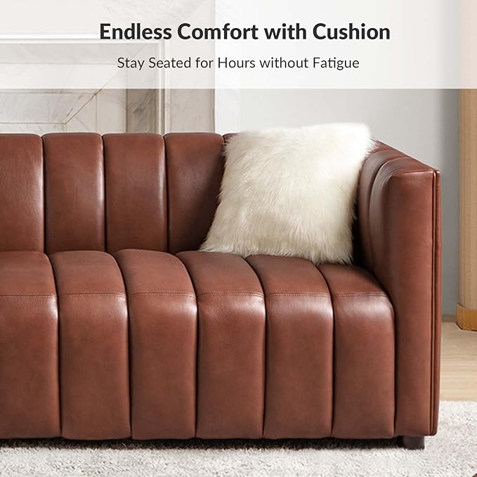 HULALA HOME 83" Genuine Leather Sofa with Channel Tufted Design, 3-Seater Sofa for Living Room Bedroom, Modern Oversized Couch with Wood Legs, Brown