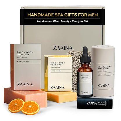 ZAAINA Men’s Self Care Kit – Luxury Spa Gift Set for Men with Face Serum, Soaps, Heel Balm & Lip Balm – Natural Grooming Care Package for Men – Birthday & Relaxation Spa Kit (Deluxe Set)