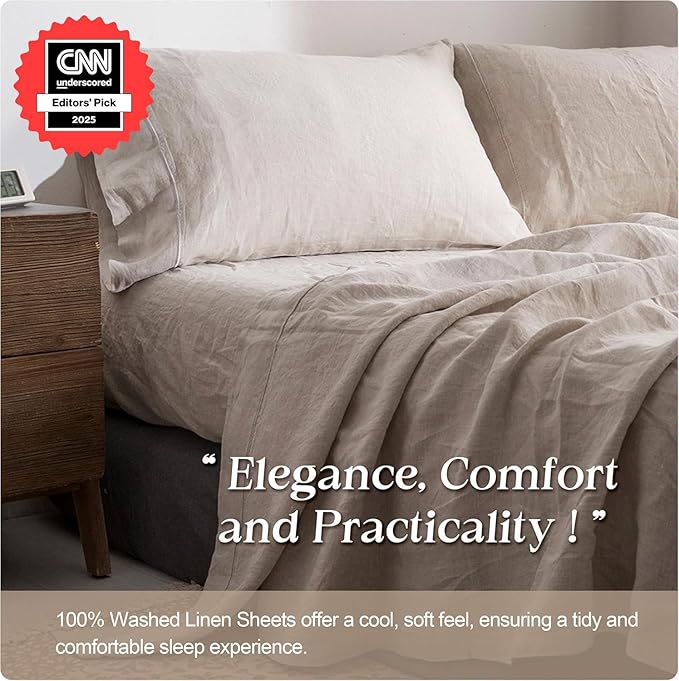 Simple&Opulence 100% Pure Linen Sheet Set King Size, Natural French Flax Solid Color 4 Pcs Washed Breathable, Farmhouse Bedding (1 Flat Sheet,1 Fitted Sheet,2 Pillowcases)-Embroidery Linen