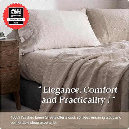 Simple&Opulence 100% Pure Linen Sheet Set King Size, Natural French Flax Solid Color 4 Pcs Washed Breathable, Farmhouse Bedding (1 Flat Sheet,1 Fitted Sheet,2 Pillowcases)-Embroidery Linen