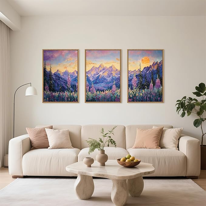 HOURIA Purple Sunset Mountain Landscape Framed Canvas Wall Art Set,Nature Pine Tree Wildflowers Wall Decor,Golden Sunlight Wall Painting,Modern Field Art Prints for Living Room, Bedroom-24 x36 x3