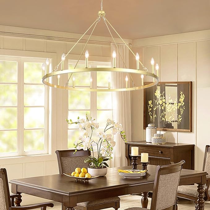16-Light Gold Wagon Wheel Chandelier 47in Large Chandeliers for High Ceilings Round Farmhouse Light Fixtures Over Table Rustic Light Fixture for dining room,Foyer,Living Room,High Ceiling,Entryway,E12