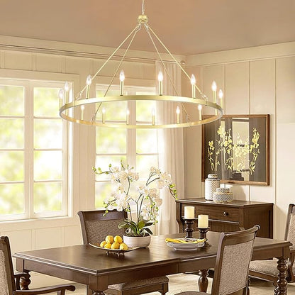 16-Light Gold Wagon Wheel Chandelier 47in Large Chandeliers for High Ceilings Round Farmhouse Light Fixtures Over Table Rustic Light Fixture for dining room,Foyer,Living Room,High Ceiling,Entryway,E12