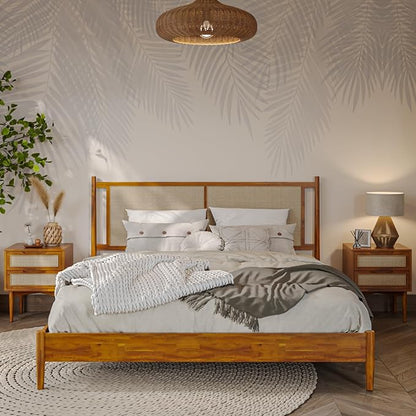 Bme Oliver King Bed Frame and Headboard - 15-Inch Signature Design with Rattan Headboard, Bohemian and Mid Century Style, 12-Slat Wood Support, No Box Spring Needed - Easy Assembly, Caramel