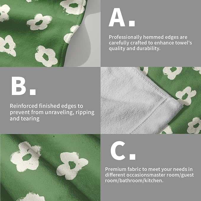 Modern Style Kitchen Towels Set of 2 Green Floral Quick Dry Microfiber Hand Towels