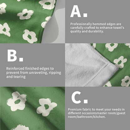 Modern Style Kitchen Towels Set of 2 Green Floral Quick Dry Microfiber Hand Towels