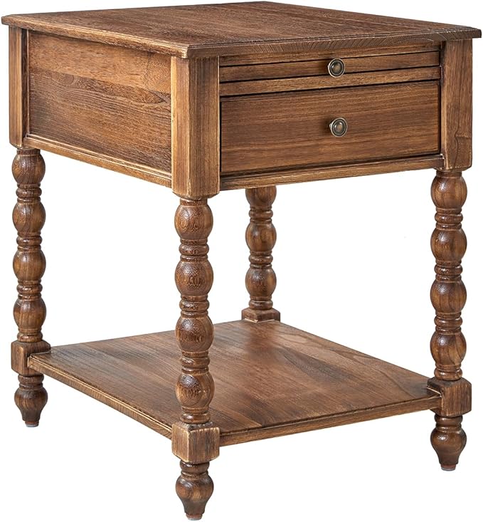 HULALA HOME Spindle Nightstands with Charging Station, Solid Wood Nightstand with Drawer Shelf, Side Table with Pull-Out Shelf (Walnut)