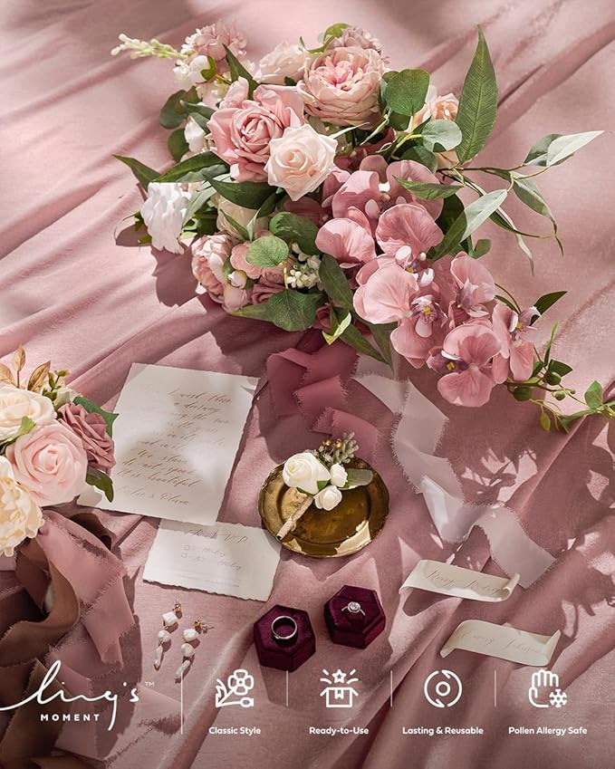 Ling's moment Dusty Rose Bridal Bouquet Cascading, Pink Wedding Bouquets for Bride, 15 Inch Bride Bouquet Orchids Artificial Wedding Flower Bouquet