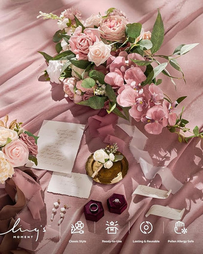 Ling's moment Dusty Rose Bridal Bouquet Cascading, Pink Wedding Bouquets for Bride, 15 Inch Bride Bouquet Orchids Artificial Wedding Flower Bouquet