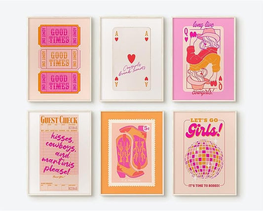 Hot Pink Wall Art Decor Trendy Aesthetic Pictures Preppy Funky Wall Art Poker Retro Poster Orange Vintage Canvas Hot Pink Artwork Western Prints Cowgirl Painting Dorm Room 8x10 Inch Unframed Set of 6