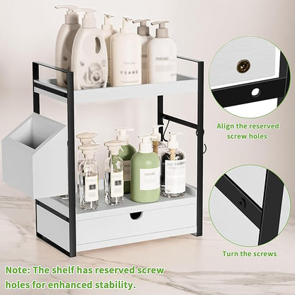 2-Tier Bathroom Counter Organizer with Drawer and Basket, Wood Countertop Organizer for Storage, Skincare Organizers for Vanity, Counter Shelf for Bathroom Organization,White