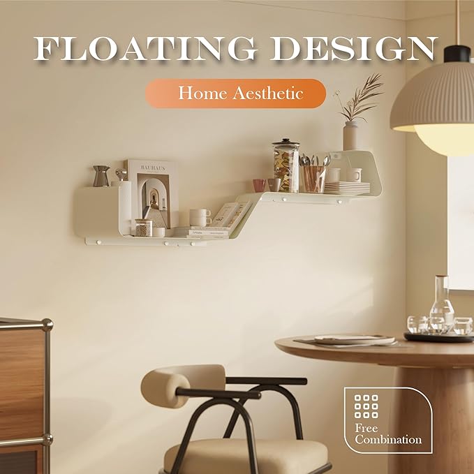 Floating Shelves - Set of 3 Wall Mounted Metal Shelves with Unique Design for Wall Storage, Book Shelf, Display Shelves for Bathroom, Bedroom, Kitchen, Living Room, White