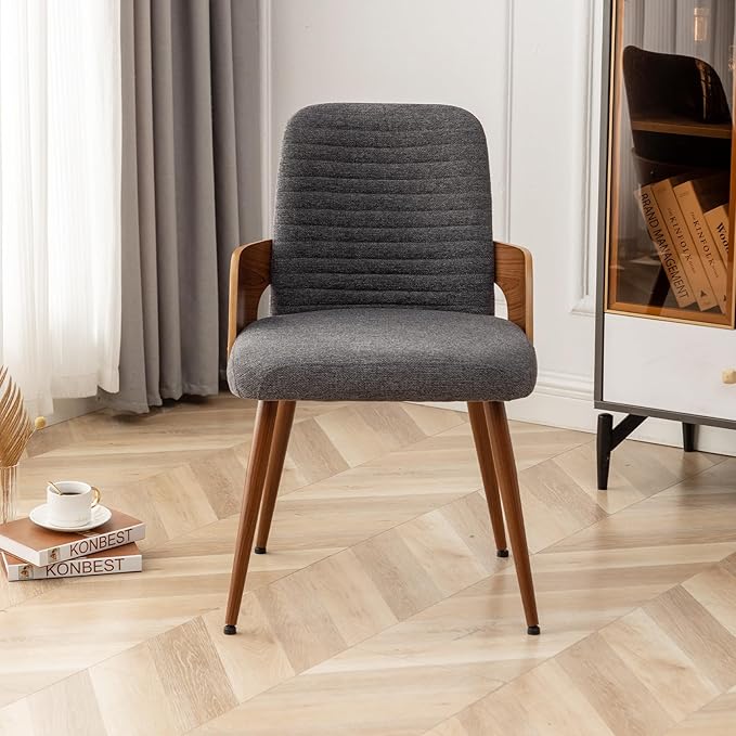 Dining Room Chairs,Mid Century Modern Kitchen Chairs,Upholstered Chairs,Metal Legs Wooden Desk Chairs,Armless and No Wheels for Kitchen Dining Living Room,Gray Fabric,1PCS