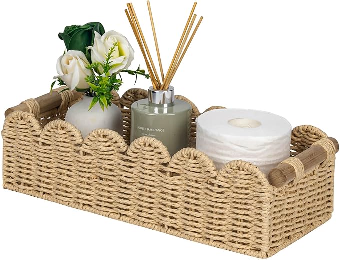 CubesLand Scalloped Edge Toilet Paper Storage Basket, Living Room Home Cozy Decor Basket, Paper Rope Small Baskets for Over Toilet Storage Shelf, Shelves, with 2 Wooden Handles, Beige