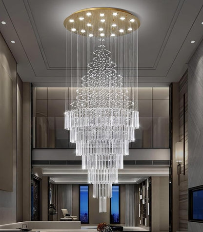 W40 x H120 Glam Chandelier with LED Bulbs Crystal Raindrop High Ceiling Pendant Light for Entrance Large Villa Chandelier Foyer Lighting Fixtures Gold