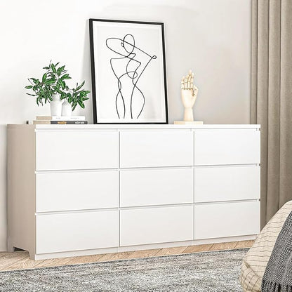 9 Drawers Dresser,Modern Large Wood Dresser,Chest of Drawers for Bedroom, Living Room,Hallway,Entryway,TV Stand Drawer Organizer(White)
