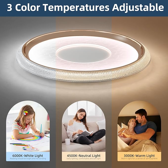 LED Flush Mount Ceiling Light, 19inch Round Dimmable Ceiling Lamp, Multiple Modes, 3000K-6000K, 60W, Modern Living Room Lighting Fixture for Entryway, Dining Room, Bedroom, Bathroom, Study