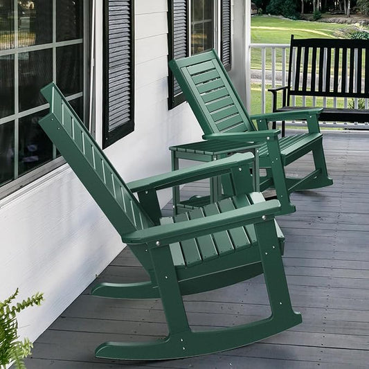GREENVINES Outdoor Rocking Chair Set | 3-Piece | 2 Rocking Chairs with 1 Side Table | Porch Rocker | HDPE Plastic | Forest | Patio Furniture Sets | High Back | Big & Tall | Ladder Back