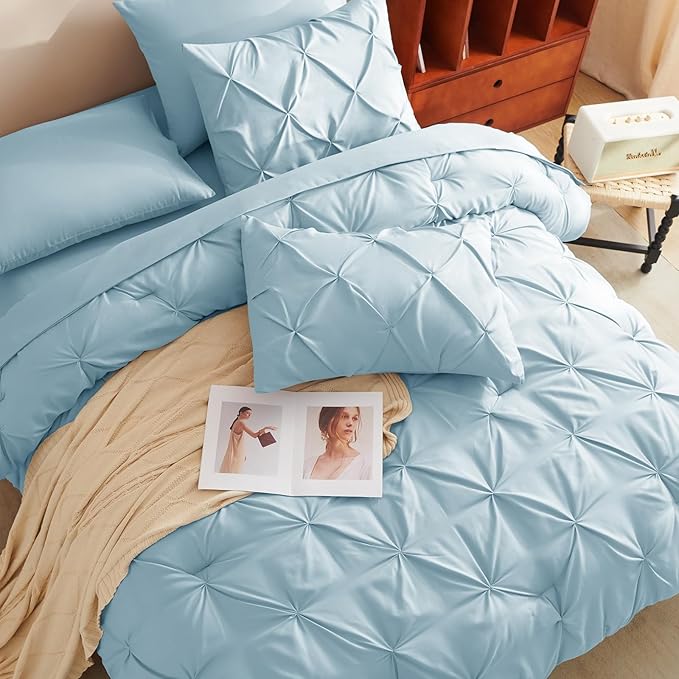 CozyLux Full Size Comforter Sets Light Blue, 7 Pieces Pintuck Bed in A Bag Blue Comforter Full Size, Pinch Pleat Bedding Sets with All Season Comforter, Sheets, Pillowcases & Shams