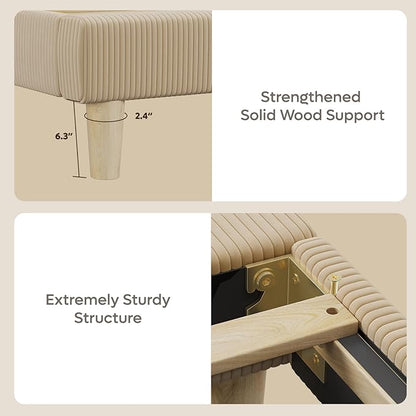 Bestier Full Bed Frame with Adjustable Headboard, LED Lighting, Vertical Channel Tufted Corduroy Upholstered, Solid Wooden Slats Support, No Box Spring Needed, Never Squeaks, Easy Assembly, Taupe