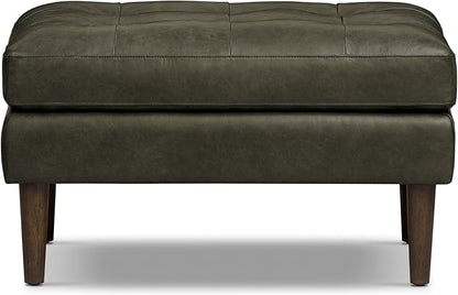 POLY & BARK Napa Ottoman - Full-Grain Leather Upholstered Ottoman with Feather-Down Topper - Accent Chairs for Living Room - Vintage Italian Leather in Olivine Green