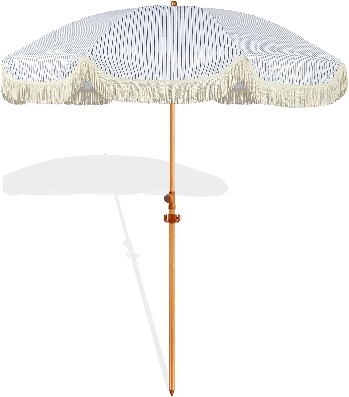 6.5ft Patio Umbrella with Fringe, Beach Umbrella, Fringe Umbrella Outdoor Patio with Hanging Hook, Tilting Aluminum Pole, UV 50+, Fiberglass Ribs, Blue White Stripe