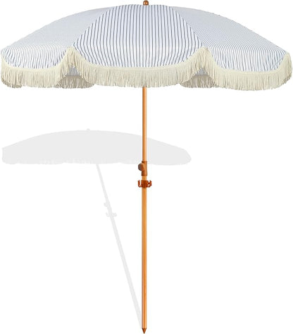 6.5ft Patio Umbrella with Fringe, Beach Umbrella, Fringe Umbrella Outdoor Patio with Hanging Hook, Tilting Aluminum Pole, UV 50+, Fiberglass Ribs, Blue White Stripe