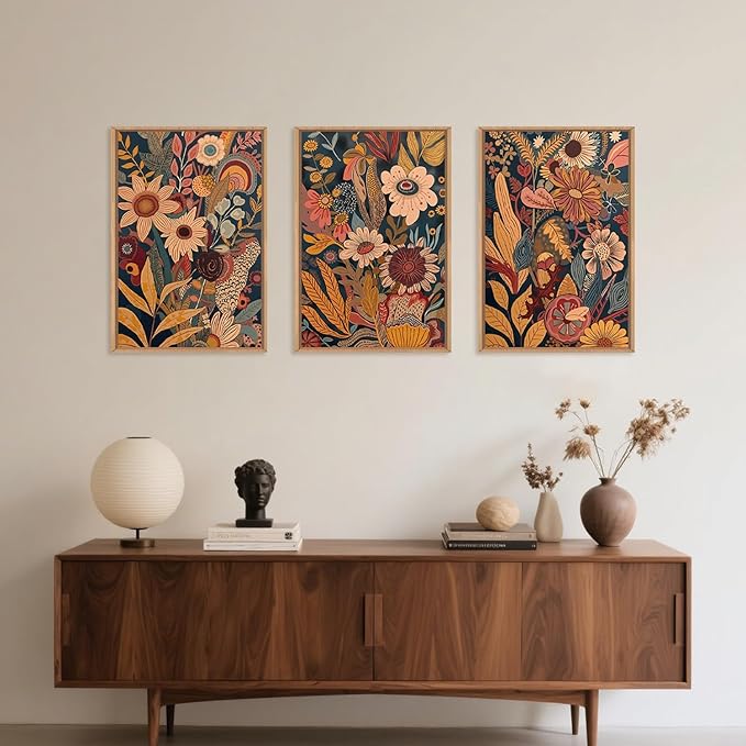 HOURIA Large Orange Flower Framed Canvas Wall Art Set,Boho Mid Century Modern Floral Botanical Wall Decor,Retro Vintage Blossom Artwork,Neutral Plant Art Print for Living Room,Bedroom,Office-24"x36"x3