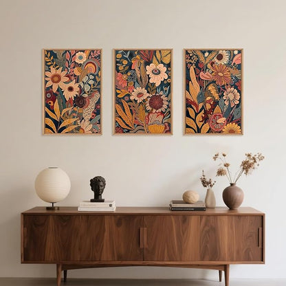 HOURIA Large Orange Flower Framed Canvas Wall Art Set,Boho Mid Century Modern Floral Botanical Wall Decor,Retro Vintage Blossom Artwork,Neutral Plant Art Print for Living Room,Bedroom,Office-16"x24"x3