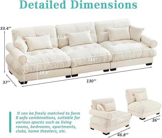 SoarFlash 130” Sectional Sofa 3 Seat Couch, L Shaped Modern Sofa with Solid Wood Legs, Couches Sofas for Living Room Apartment, Comfortable Small Couches for Small Spaces, Beige