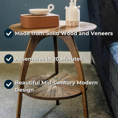 Martin Svensson Home Retro Mid-Century Modern Round Wood End Table, Solid Grain Side Table with Lower Shelf, Small Accent Table for Living Room or Nightstand. Nutmeg Brown.