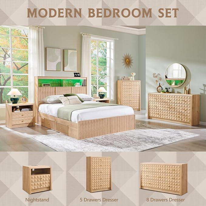 Modern 5 Drawer Dresser for Bedroom, Wooden Tall Dressers &Chests of Drawers w/Two Different Drawer Sizes, Mid Century Modern Dresser w/Diamond Panel Decorate for Bedroom,Curved Profile Design,Natural