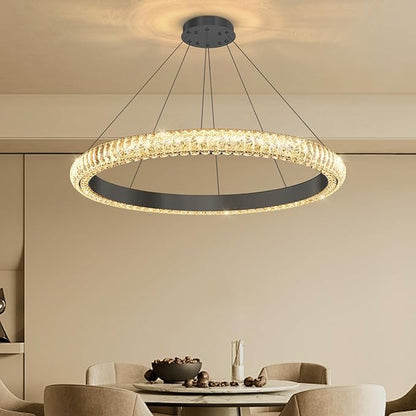 32" 1 Ring Crystal Chandelier Modern LED Dimmable Ring Pendant Light Chandelier for Dining Room Living Room Black