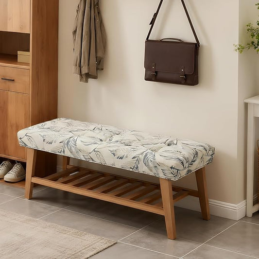 Wooden End of Bed Bench with Shoe Shelf 2 Tier Farmhouse Button Tufted Linen Fabric Upholstered Entryway Bench for Living Room/Bedroom/Hallway/Window Corner, Blue