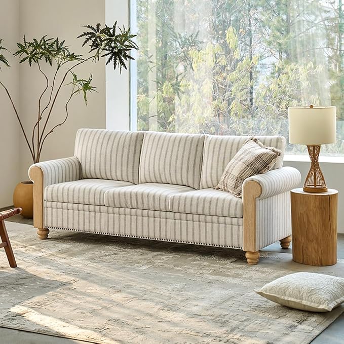 EcoHarbor Living 3-Seater Couch, Stripe 81" Mid-Century Modern Upholstered Sofa with Armrests, Stripe Couches for Living Room, Bedroom, Office, Apartment