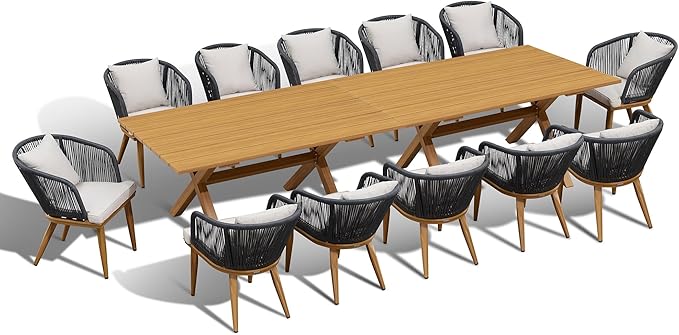 PURPLE LEAF 14 Pieces Patio Dining Table Set Wicker Outdoor Furniture Rectangular Table and Chairs Set for Garden Deck Teak-Finish & Grey Aluminum Frame Backyard Kitchen Set, Cushions and Pillows Included