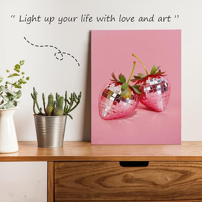 APJYM Funky Red Strawberry Wall Art, Trendy Retro Y2K Disco Ball Strawberry Canvas Wall Art, Aesthetic Posters for Girls Bedroom, Pink Room Decor Y2K, Preppy Room Decor, 11x14 Inches Framed