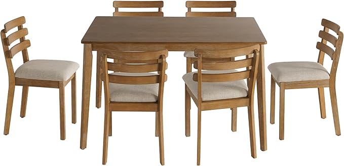 Modern Dining Table Set for 4, Wooden Farmhouse Dining Roon Table and Solid Wood Chairs, 7-Piece Dining Set for Home, Kitchen, Dining Room, 6 Upholstered Chairs, Solid Wood Legs