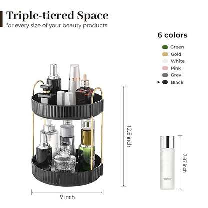 Aveniee 360 Rotating Makeup Organizer for Vanity, Skincare Perfume Organizers, 2 Tiered Bathroom Countertop Storage, Black Cosmetics Lipstick Skin Care Holder for Dresser