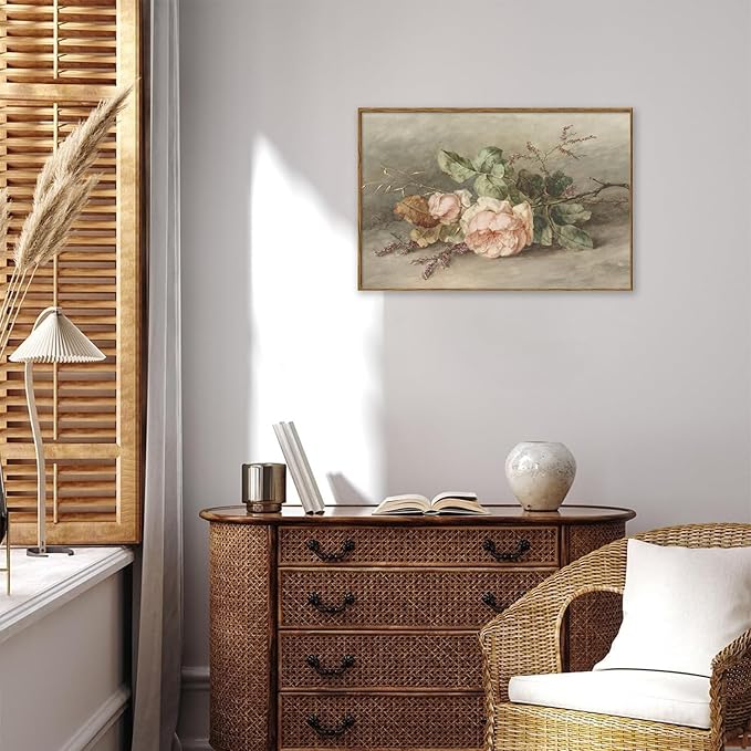 KBKBART Vintage Wall Decor Prints, Retro Still Life Flower Canvas Wall Art, Framed Classical Pink Botanical Print, Vintage Art Painting Flower Wall Decor for Bedroom Living Room Bathroom Gallery(16"x24")