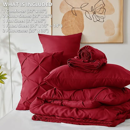 CozyLux Full Size Comforter Sets Dark Red, 7 Pieces Pintuck Bed in A Bag Red Comforter Full Size, Pinch Pleat Bedding Sets with All Season Comforter, Sheets, Pillowcases & Shams