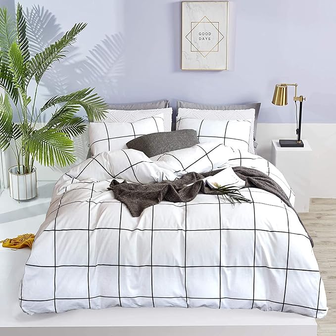 Pureant White Plaid Comforter Sets Full Size Black and White Grid Bedding Comforters Women Men Modern Simple Geometric Quilt Adults Teens White Buffalo Plaid Comforter Bedding Soft