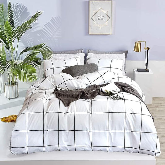 Pureant White Plaid Comforter Sets Full Size Black and White Grid Bedding Comforters Women Men Modern Simple Geometric Quilt Adults Teens White Buffalo Plaid Comforter Bedding Soft