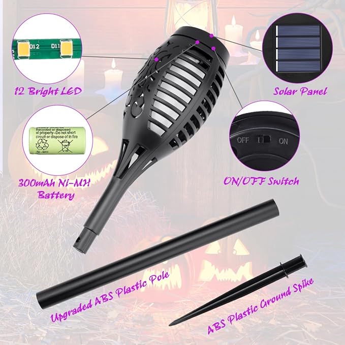12Pack Halloween Yard Decorations, Purple Solar Halloween Lights for Outside Decor, LED Solar Flame Lights Outdoor for Yard Decorations, Waterproof Luces Solares Outdoor Decor for Patio Garden Pathway