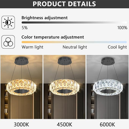 8" Ring Modern LED Dimmable Crystal Chandelier Adjustable Height Pendant Light Round Crystal Chandelier Light Fixtures for Dining Room Living Room Kitchen Island Black