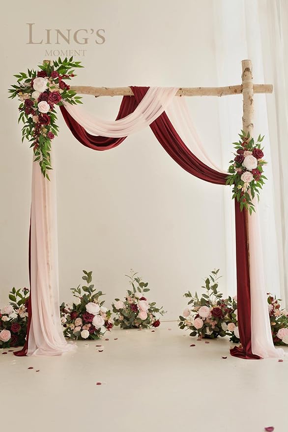 Ling's Moment Pink Blush Artificial Wedding Arch Flowers Kit Pack of 4, 2pcs Hanging Flower Arrangement 2pcs Chiffon Drapes Ceremony Reception Fake Rose Arbor Backdrop Floral Party Outdoor Decorations