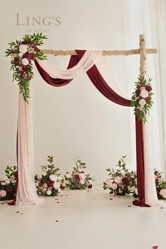 Ling's Moment Pink Blush Artificial Wedding Arch Flowers Kit Pack of 4, 2pcs Hanging Flower Arrangement 2pcs Chiffon Drapes Ceremony Reception Fake Rose Arbor Backdrop Floral Party Outdoor Decorations