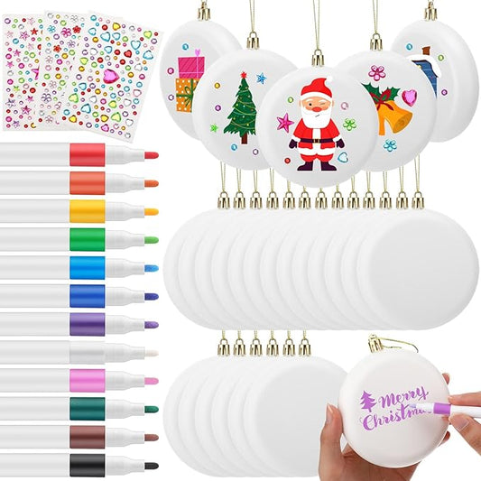 Syhood 24 Pcs 4'' DIY Christmas Blank White Ball Ornaments Set Plastic Matte Flat Discs Ornaments DIY Xmas Tree Decoration with Acrylic Paint Markers Gems Stickers for Crafts Party Decor