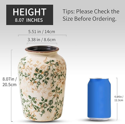 Vintage Pastoral Green and Beige Vase, Round Ceramic Floral Vases, Retro Ice Cracked Chinoiserie Vase for Home Decor, Living Room, Bookshelf, Office, Rustic Table Centerpiece 7.8 Inch
